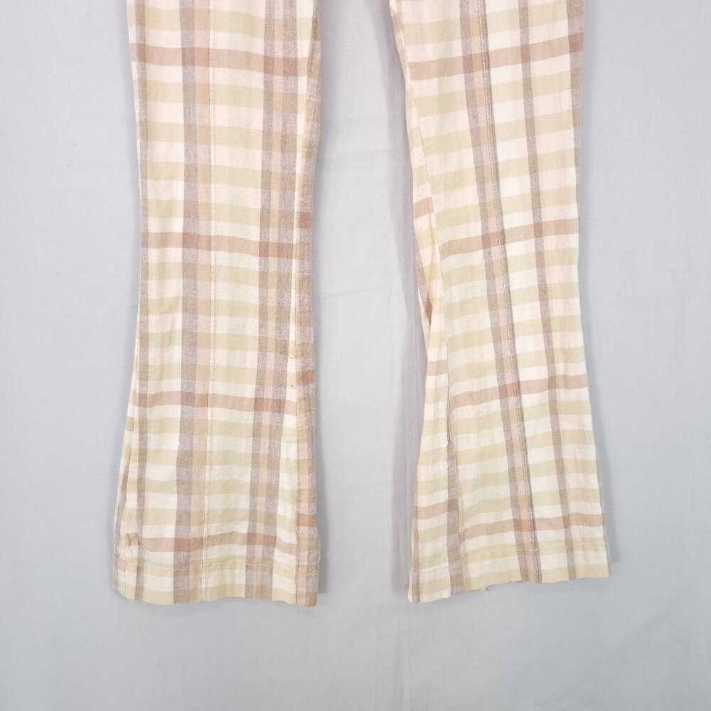 Free People Plaid Flare Pants Womens 0 Linen Blend Low Rise Retro Hippie Boho - Picture 6 of 16